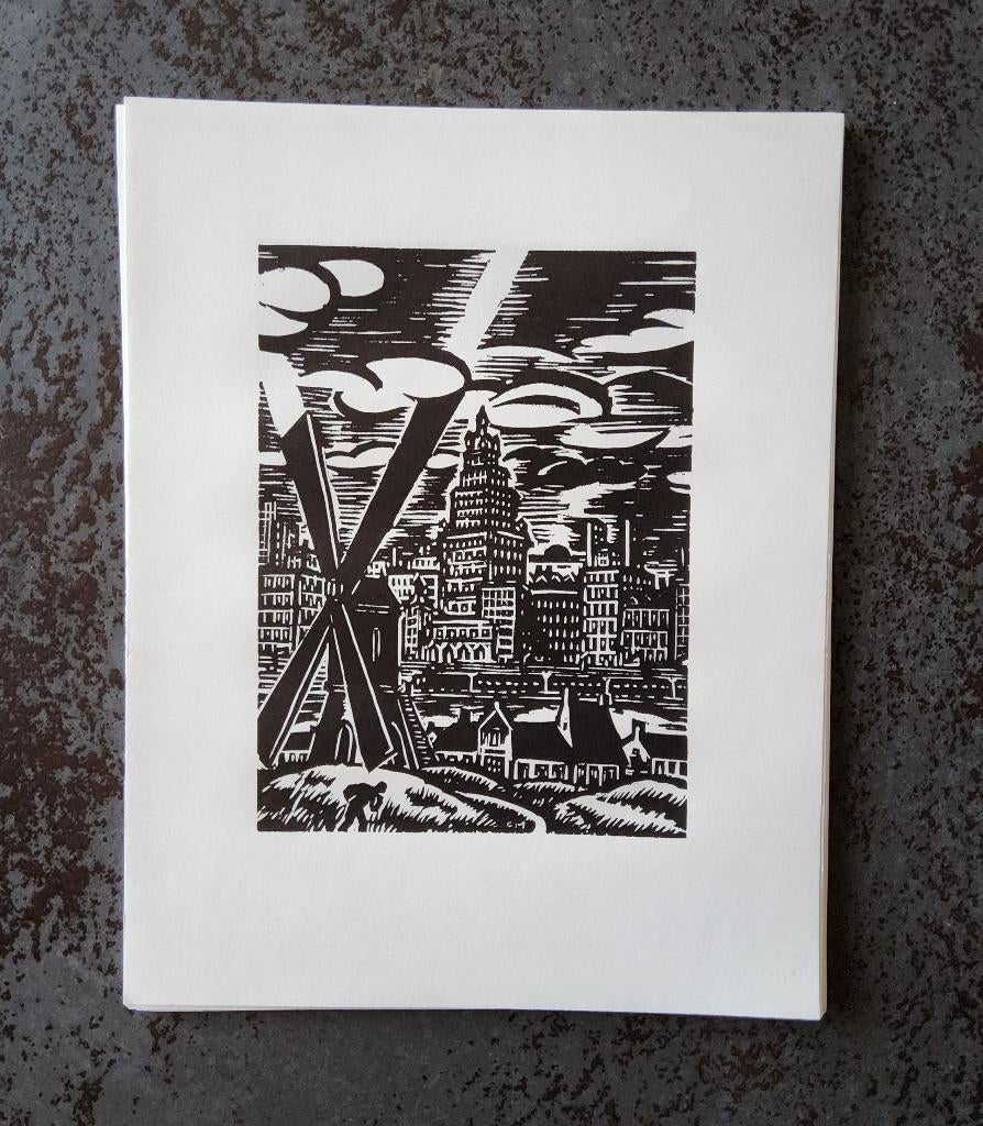 Houtsnede Molen achter de kusthuizen door Frans Masereel, Antiek en Kunst, 1950 - 1999, Architectuur, Ophalen of Verzenden, Gesigneerd