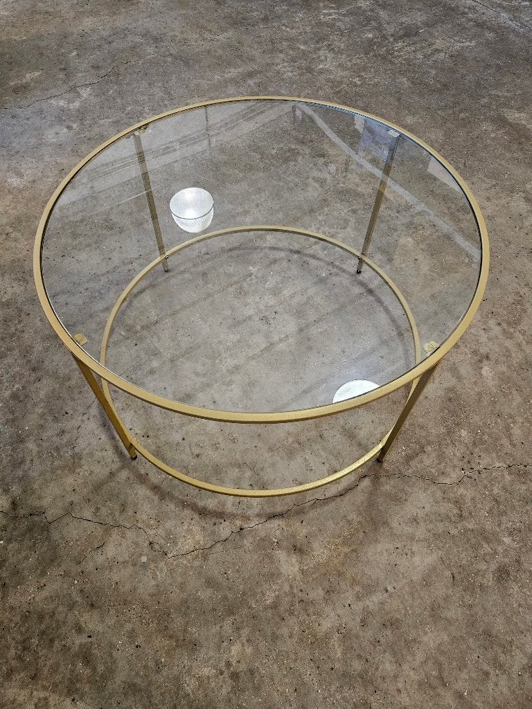 Ronde salontafel van gehard glas en goudstaal, Huis en Inrichting, Tafels | Salontafels, Ophalen, Gebruikt, 50 tot 100 cm, Minimaliste art deco