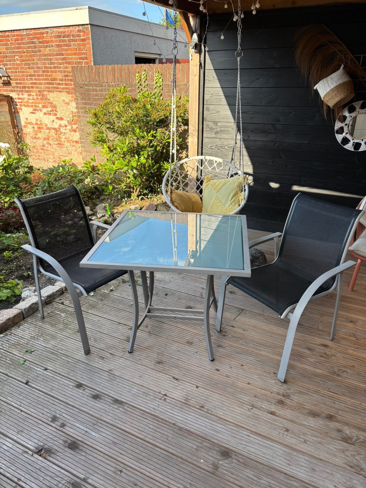 Tuinset - opgeknapt - glazen blad, 2 zitplaatsen, Gebruikt, Aluminium, Ophalen of Verzenden