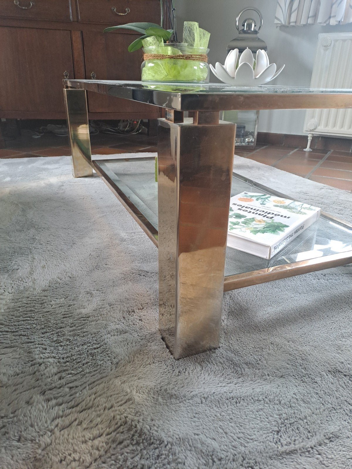 Table de salon en verre et en laiton, Maison & Meubles, Enlèvement, Verre