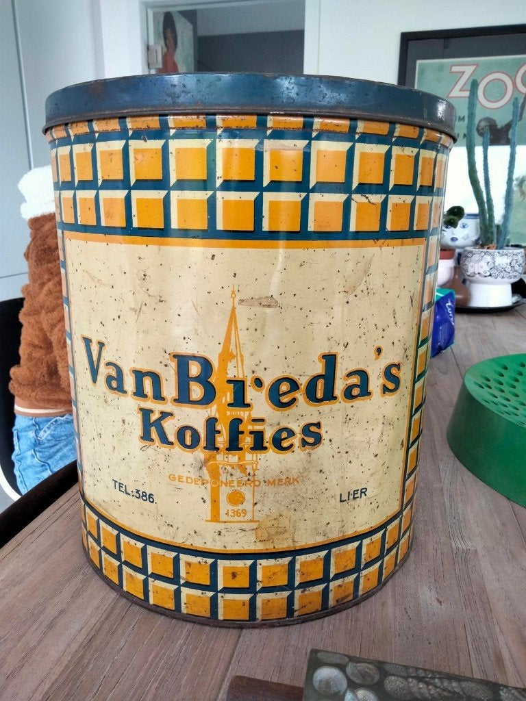Curiosa oud groot koffieblik Van Breda's koffies Lier reclam, Enlèvement ou Envoi, Utilisé, Café, Autres marques