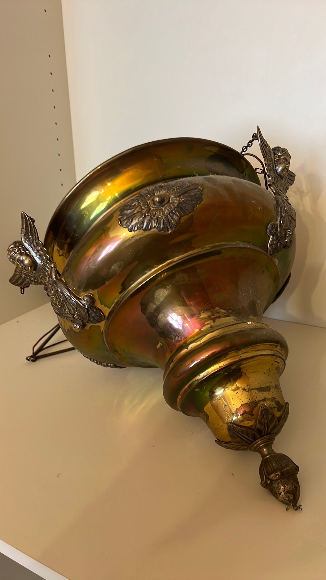 Antieke messing godslamp, omgebouwd tot elektrische hanglamp, Antiek en Kunst, Antiek | Religieuze voorwerpen, Ophalen