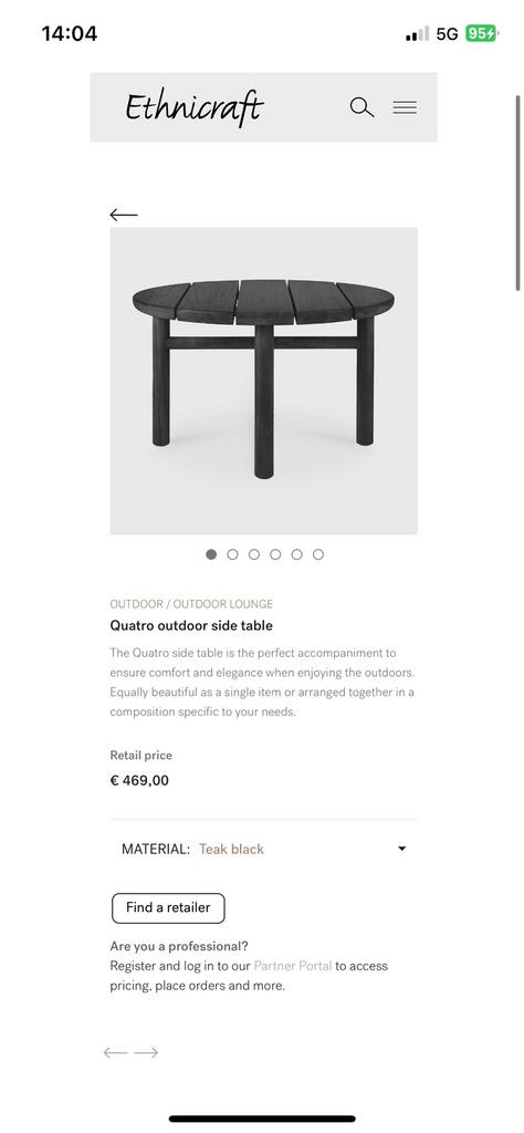 Ethnicraft Outdoor Quatro Bijzettafel Teak Zwart, Tuin en Terras, Ophalen, Nieuw