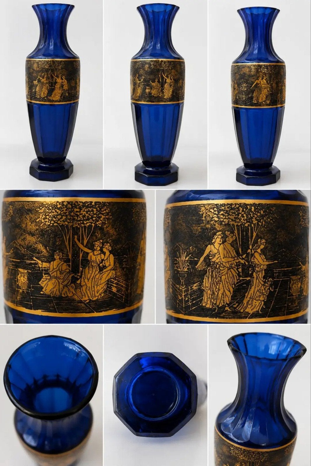 Vase vintage bleu cobalt à décor doré – Style Murano/ moser, Ophalen of Verzenden