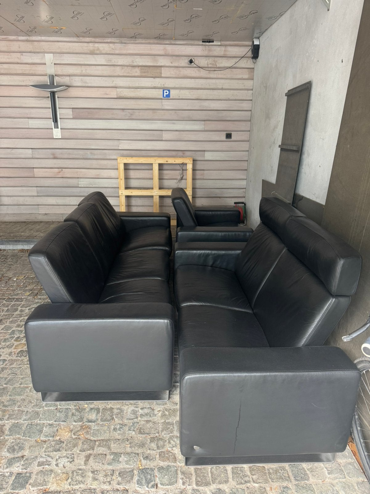 Complete set van drie zwarte, lederen zetels (stressless), Ophalen, Gebruikt, Leer