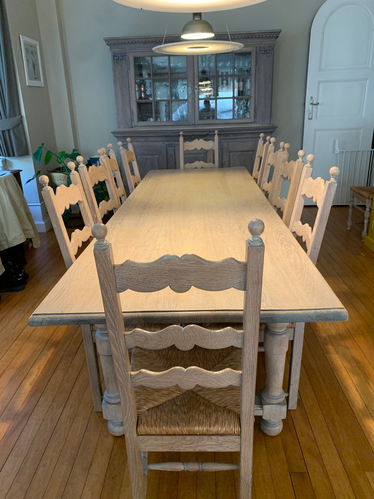 Eiken antieke eettafel met 12 stoelen, Ophalen, Gebruikt, 8 stoelen of meer
