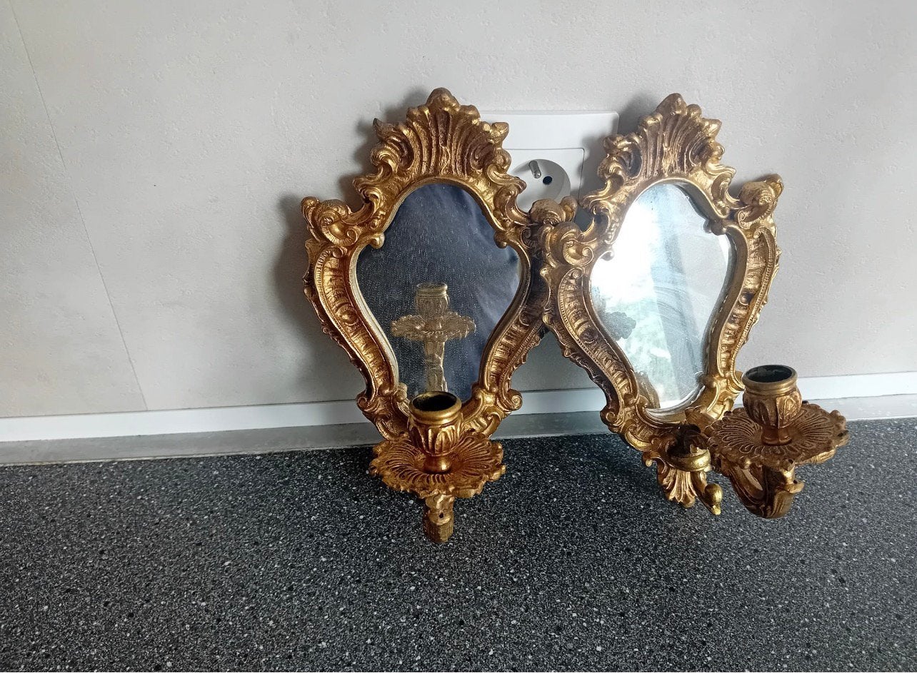 Paar vintage bronzen wandspiegels met kaarsenhouder, Ophalen, Zo goed als nieuw, Brons