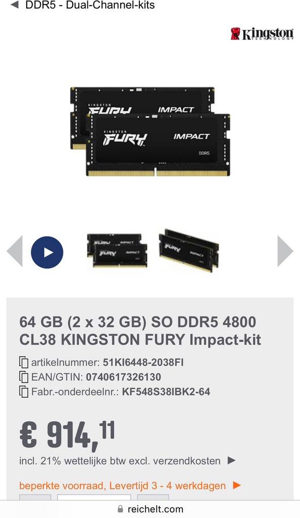 KINGSTON FURY de 64 Go (2 x 32 Go) SO DDR5 4800 CL38, Neuf, Enlèvement ou Envoi, DDR5, 64 GB