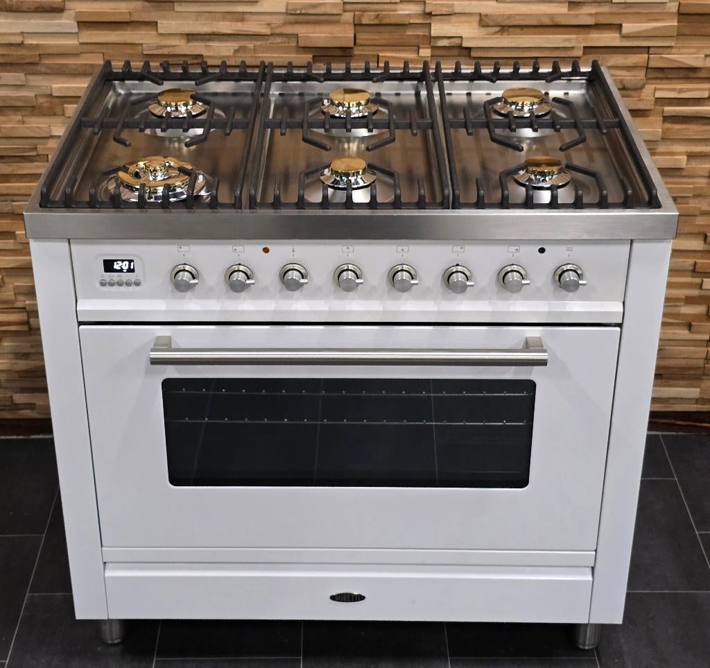 🔥Luxe Boretti Fornuis 90cm wit + rvs 6 pits 300 oven, Ophalen, 60 cm of meer, Zo goed als nieuw, Energieklasse A of zuiniger