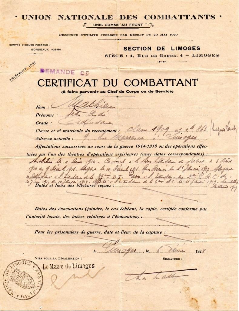 brief 1928 Union Nationale des Combattants 1914-1918 Limoges, Ophalen of Verzenden