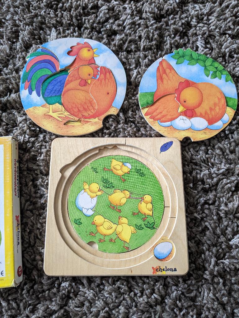 3 ronde houten puzzels op elkaar The chicken family, Gebruikt, Ophalen of Verzenden, Van hout, Minder dan 10 stukjes