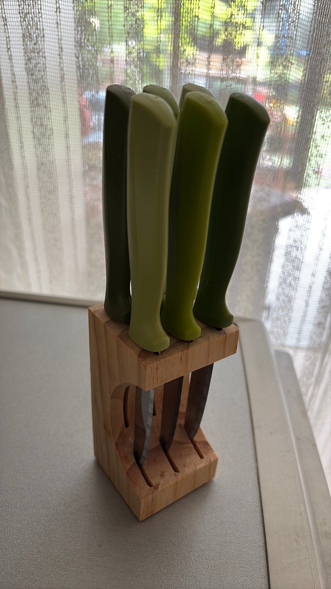Messenblok met 6 messen – Groen en houten standaard, Enlèvement, Comme neuf, Vert
