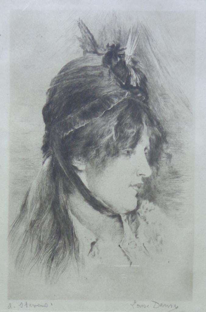 LOUISE DANSE / VROUW MET HOED / ZW-W ETS / 32x24cm / KADER, Ets, Mythologie, Ophalen of Verzenden, Gesigneerd