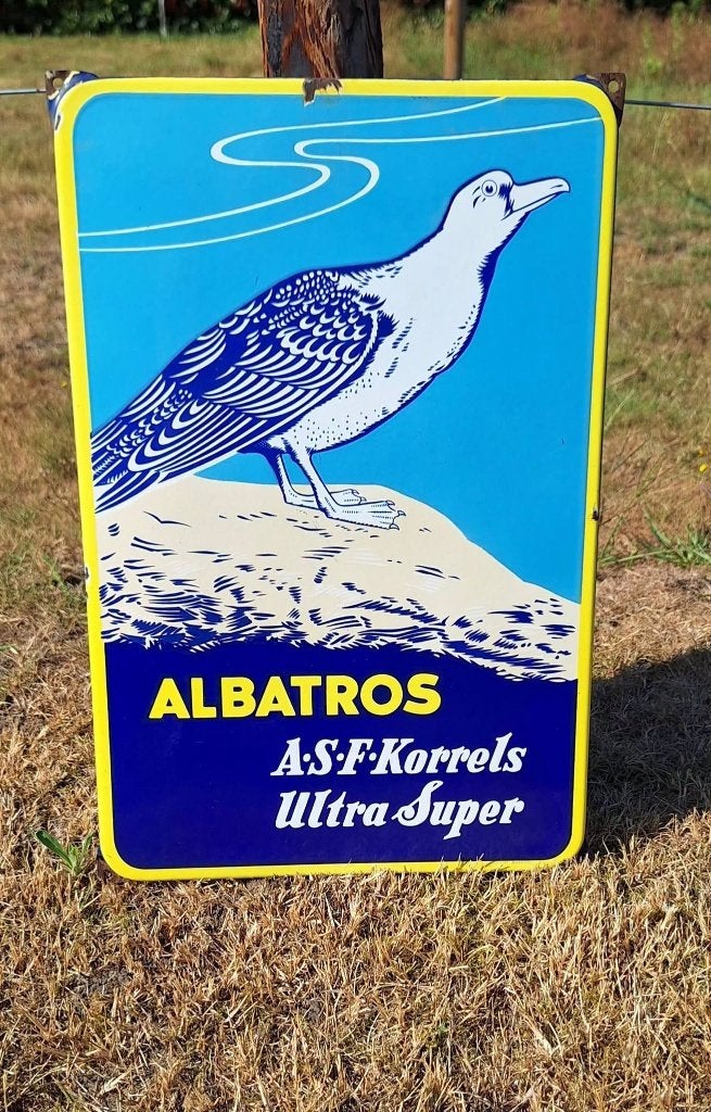 Vintage emaille reclamebord van Albatros A.S.F. Korrels., Verzamelen, Merken en Reclamevoorwerpen, Ophalen of Verzenden, Gebruikt