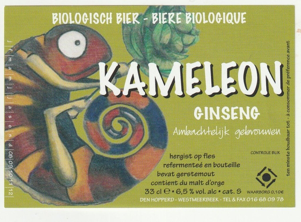 bieretiket Den Hopperd Westmeerbeek : Kameleon ginseng, Verzamelen, Verzenden, Zo goed als nieuw, Overige typen, Overige merken