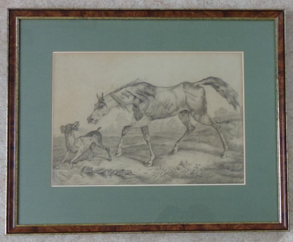 ONBEKEND / PAARD & HOND / ORIGINEEL WERK / 52x64cm / KADER, Enlèvement ou Envoi, Signé, Papier