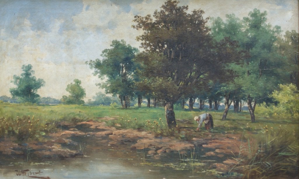 W. Robert (19de E): Idyllisch landschap (O/D, 110 x 78 cm), Antiek en Kunst, Ophalen, Gesigneerd, Landschap
