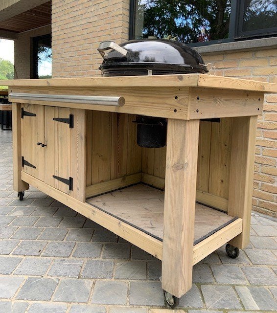Buitenkeuken BBQ-tafel - meubel (op wielen) met dubbele deur, Ophalen of Verzenden, Zo goed als nieuw, Houtskool