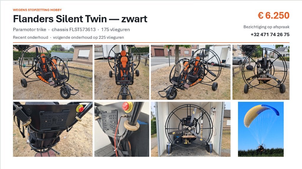 Paramotor Trike Flanders Silent Twin 50pk 1000cc, Ophalen, Gebruikt, Paramotor, Gemotoriseerd