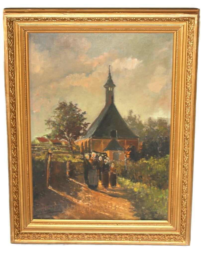 Antieke schilderij Olie  op  paneel - Gesigneerd, Antiek en Kunst, Ophalen of Verzenden, Gesigneerd, Olieverf, Paneel