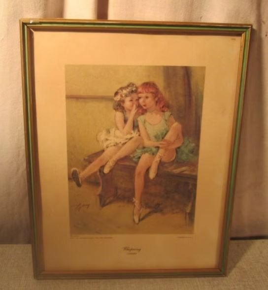 Belle gravure ancienne « The Whispering » - 31x24, Antiquités & Art, Enlèvement ou Envoi, Portrait, Gravure, Coloré à la main
