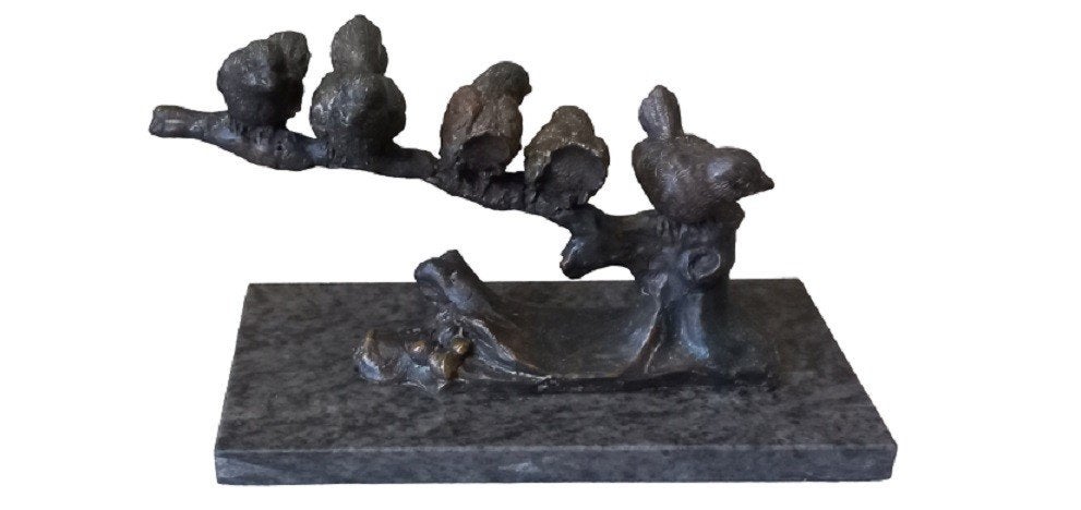 5 vogels op een tak sculptuur., Ophalen, Metaal, Beeld