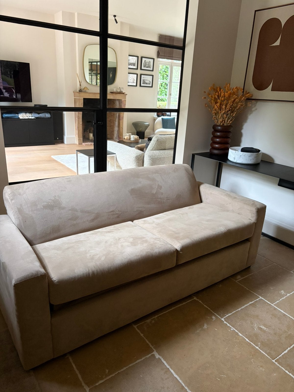 Zetel of slaapbank, 75 à 100 cm, Mooie beige ribstof, Comme neuf, Enlèvement