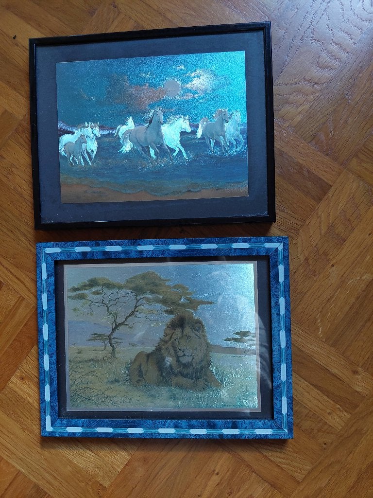 2 cadres avec des animaux aux couleurs fluo derrière verre, Enlèvement ou Envoi