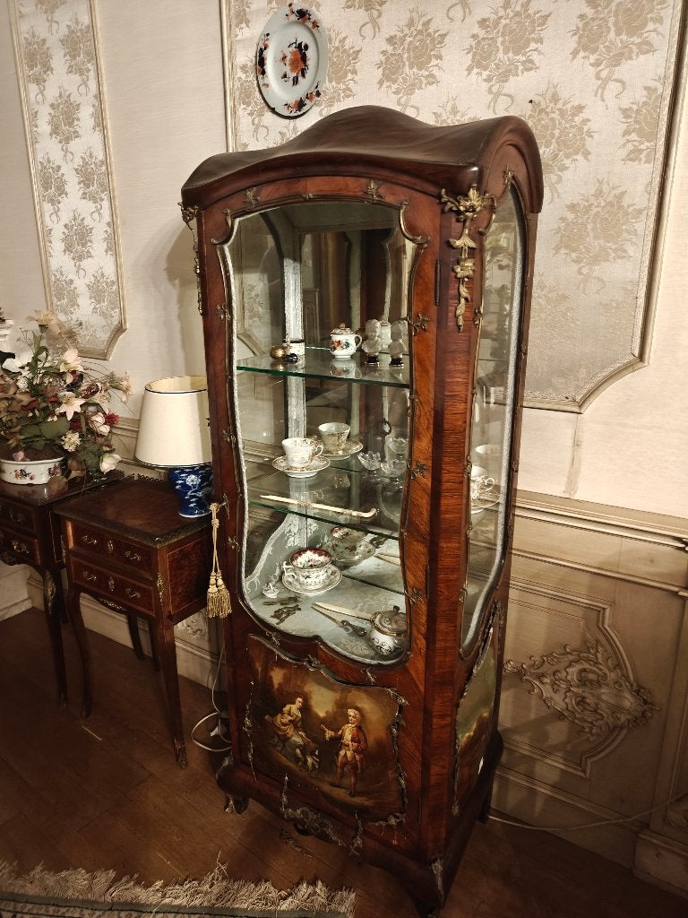 Vitrine ancienne style Louis XV en bois marqueté et bronze, Enlèvement