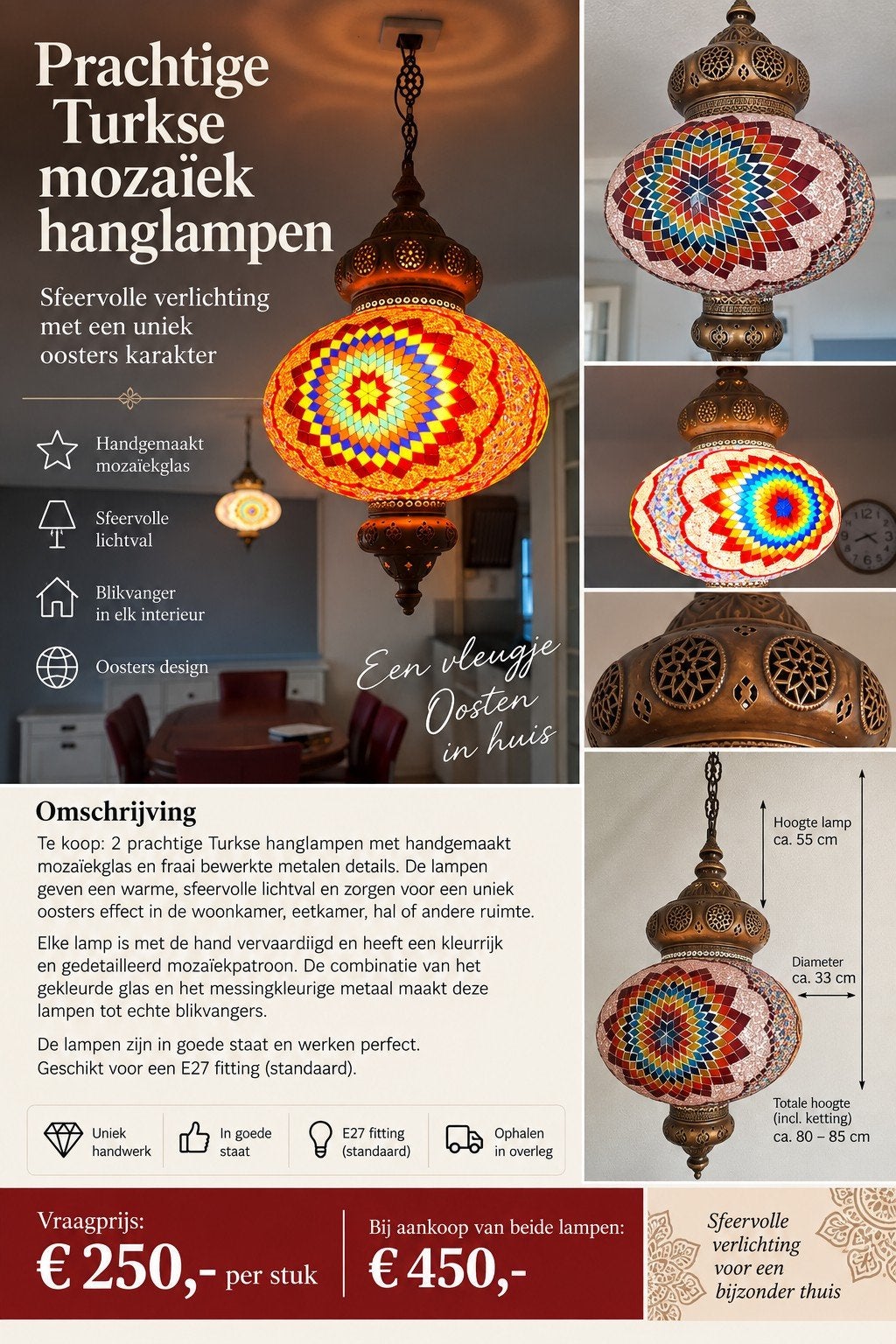 Prachtige Turkse mozaïek hanglampen - Sfeervolle verlichting, Ophalen, Gebruikt, Glas, Oosters