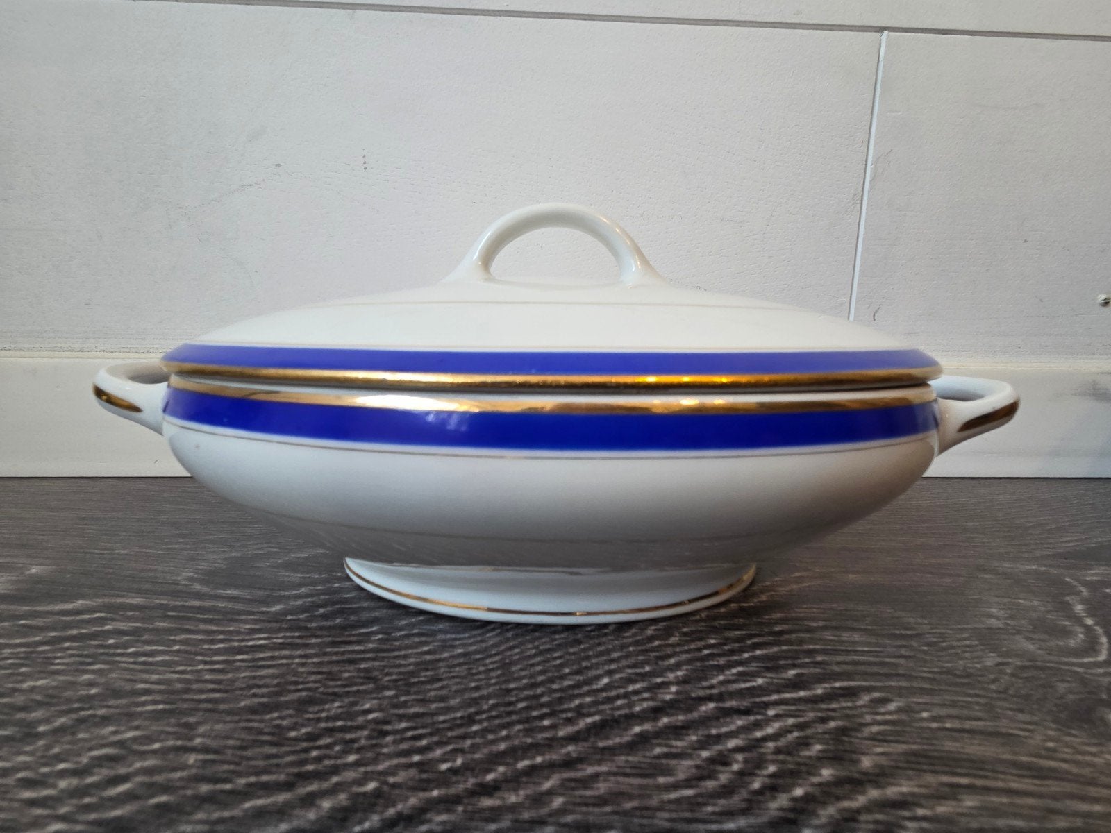 Prachtige vintage M.L.V. France soepterrine – blauw & goud, Antiek en Kunst, Ophalen
