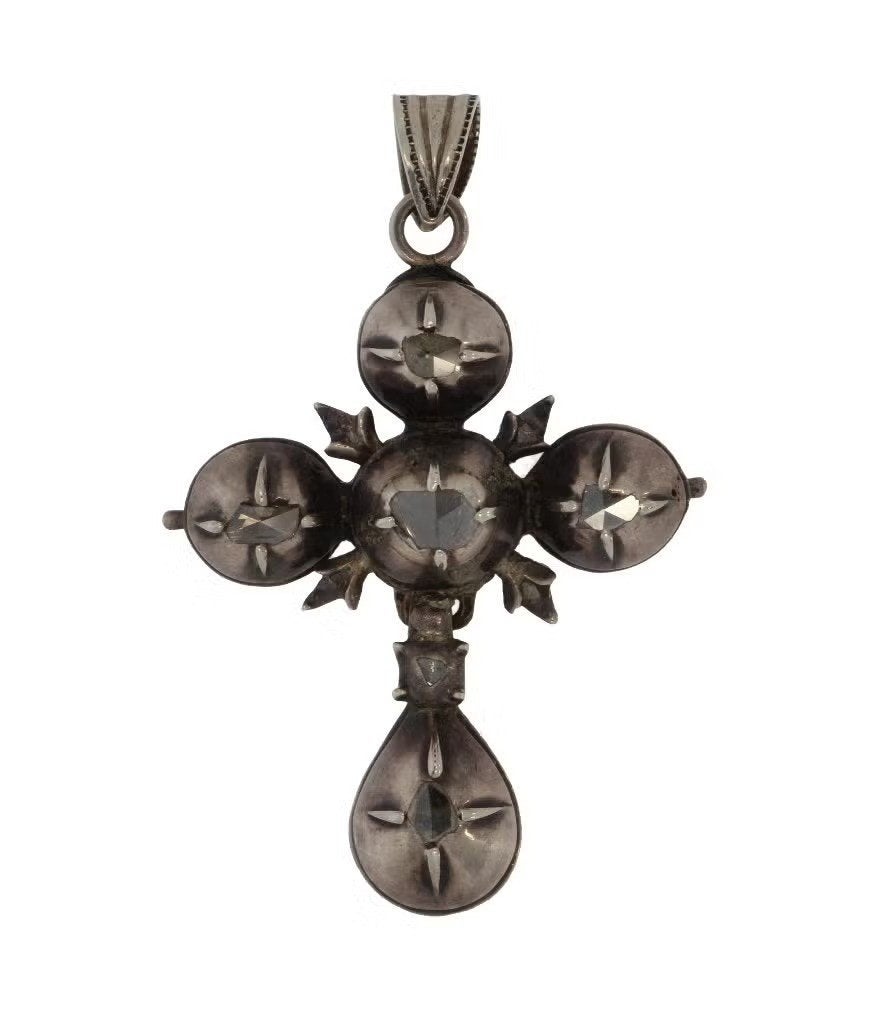 Diamanten fraaie kruis ketting hanger antiek zilver, Ophalen of Verzenden, Zilver, Hanger, Met edelsteen