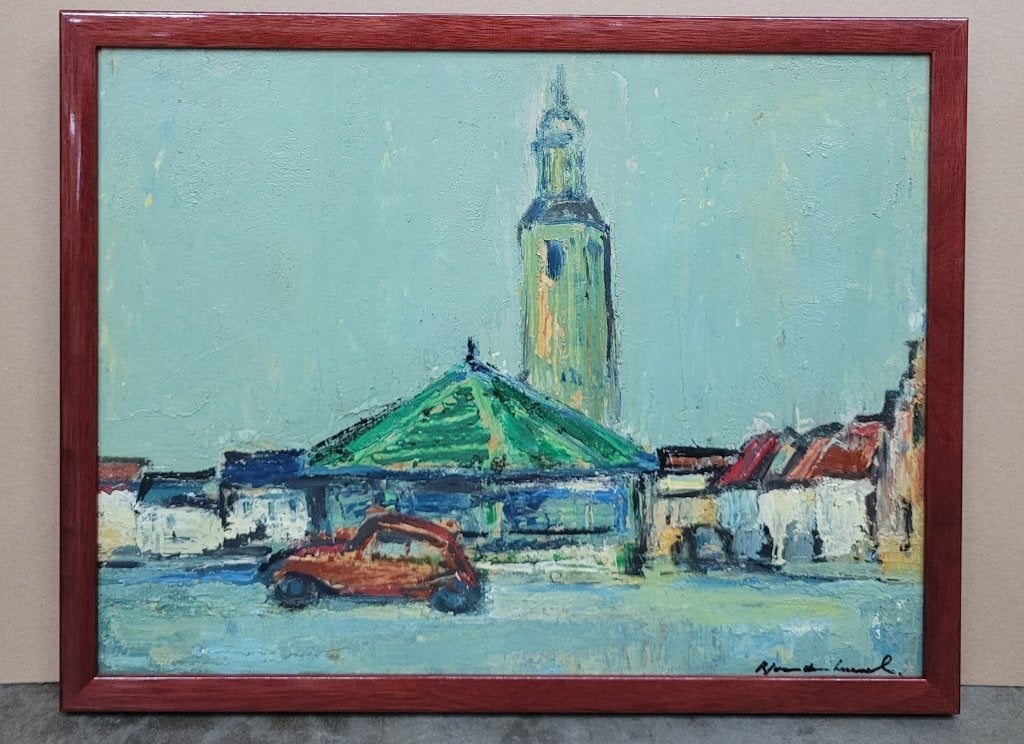 Karel Jan VAN DEN HEUVEL, de rode auto, Antiquités & Art, Art | Peinture | Classique, Enlèvement ou Envoi, Panneau, Expressionniste