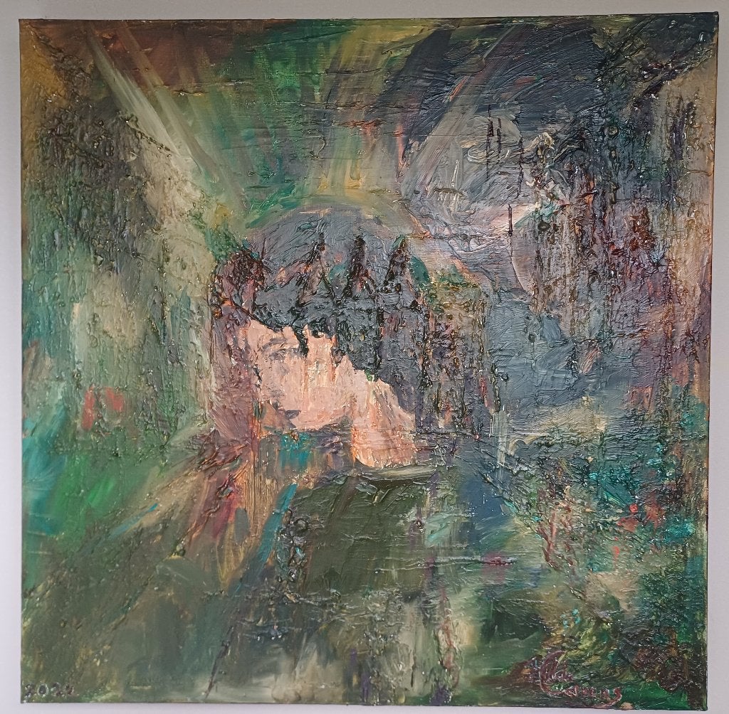 Schilderij 'engelbewaarder' olieverf paletmes, nieuw, Ophalen
