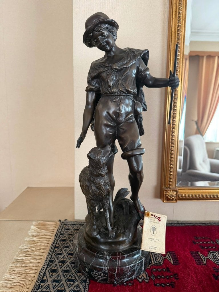 Bronzen beeld herder met hond, Antiek en Kunst, Ophalen, Brons