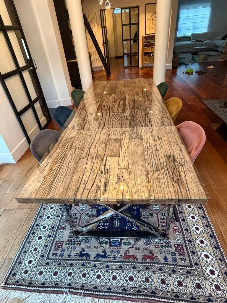 Table  bois massif brut + verre + 6 chaises – haut de gamme, -, _, Comme neuf, 100 à 150 cm