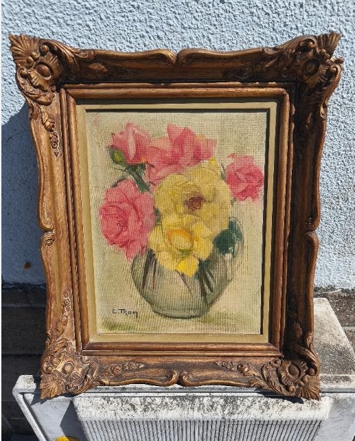 Huile sur toile fleurs signe c tron, Antiquités & Art, Art | Peinture | Classique, Enlèvement ou Envoi, Fleurs, Toile