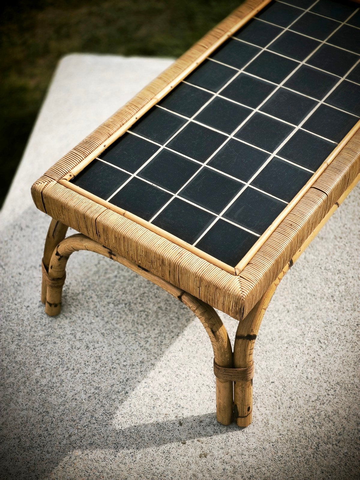 Table basse bambou, rotin et céramique, France année 1960s, Enlèvement