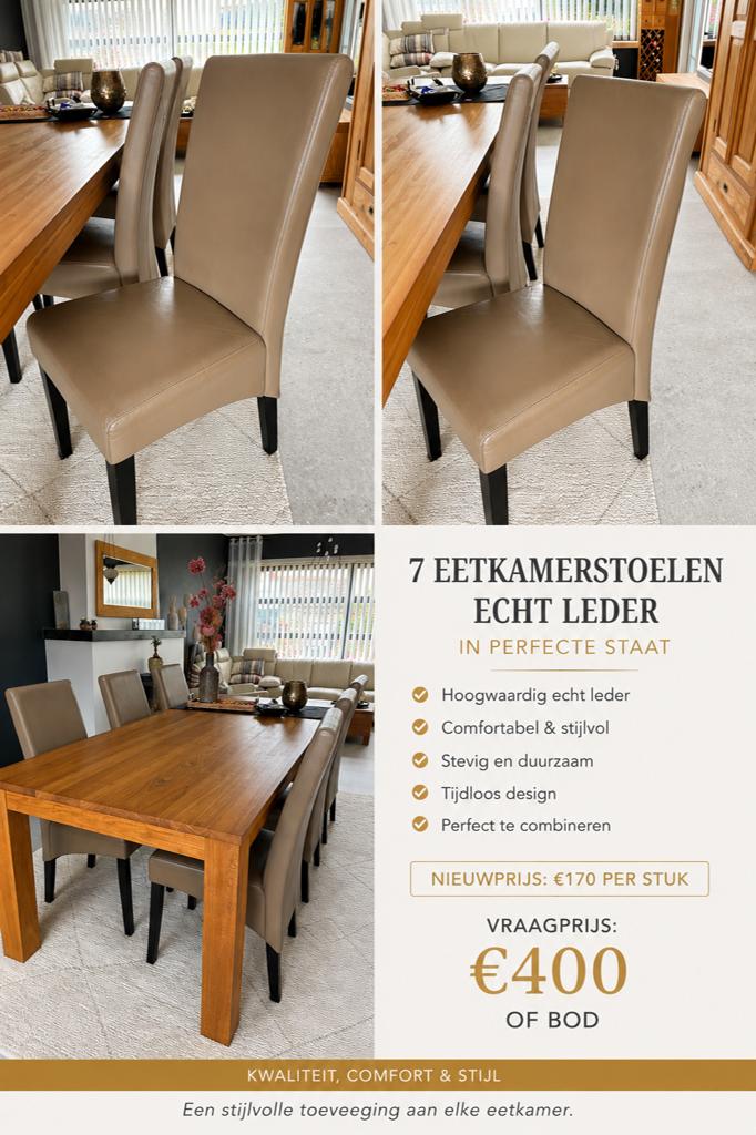 7 kwalitatieve eetkamerstoelen echt leder, Ophalen, Zo goed als nieuw