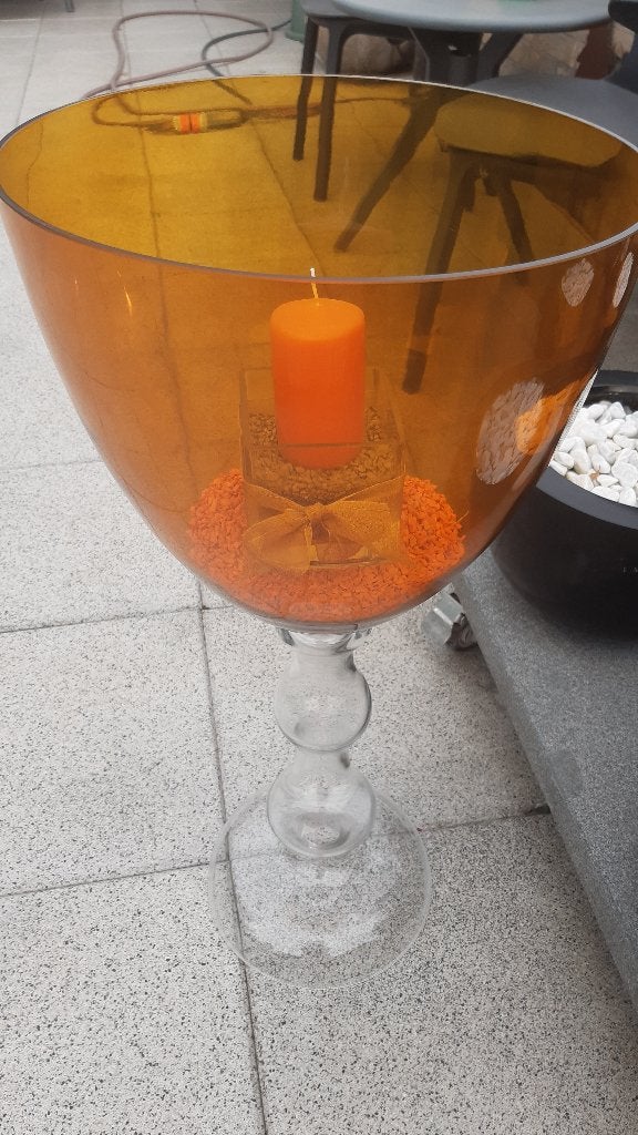 Sierlijke, hoge 2-kleurige vaas op voet met herfstversiering, Ophalen, Op voet, Oranje, Glas