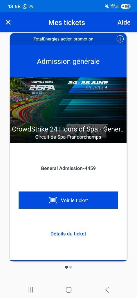 4 tickets entrée générale pour les 24h de spa à vendre, Deux personnes, Juin