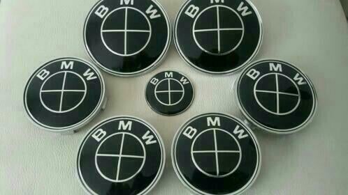 Bmw emblemen set van 7 logo's in full zwart of zwart wit, Nieuw, Ophalen of Verzenden, BMW, Motorkap