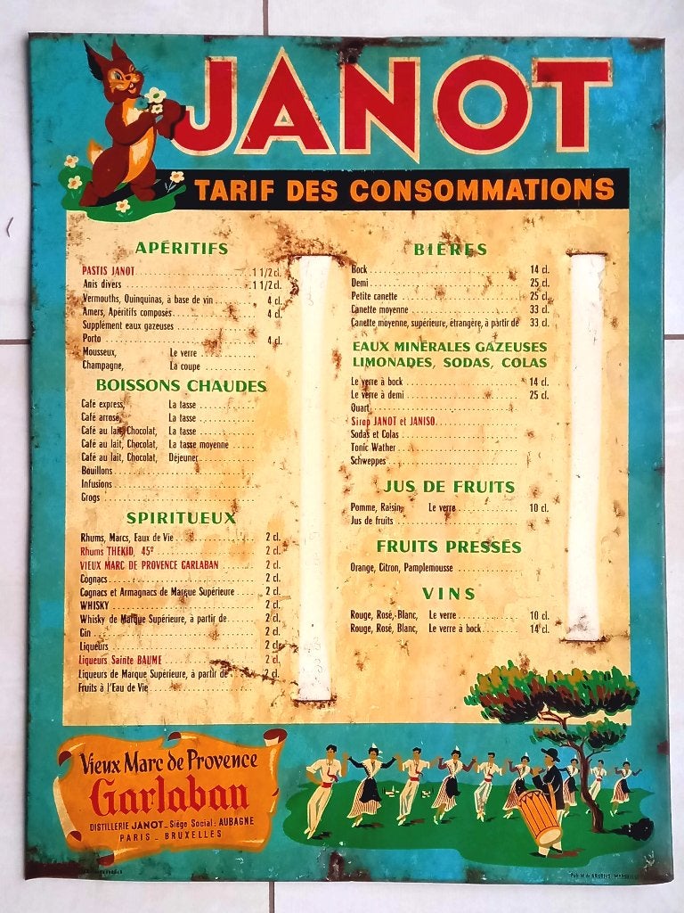 Panneau publicitaire de la distillerie JANOT Paris Bruxelles, Collections, Enlèvement ou Envoi, Utilisé, Panneau publicitaire