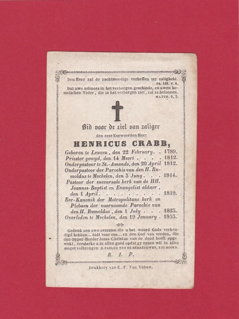 DP Priester Henricus Crabb, Verzenden, Bidprentje
