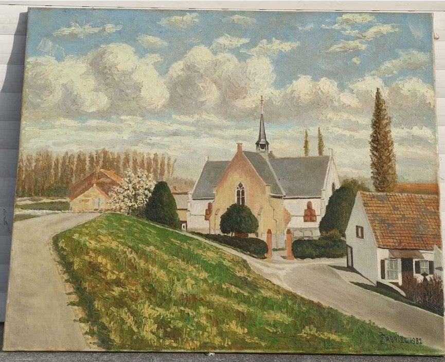 Huile sur toile village signe j Gabriel 1982, Antiquités & Art, Enlèvement ou Envoi, Toile