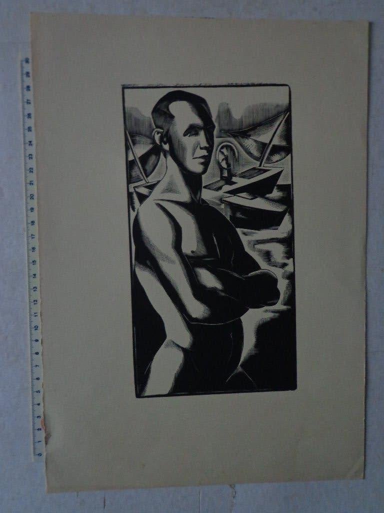 houtsnede van gespierde man met zwembroek, Antiquités & Art, Art | Eaux-fortes & Gravures, Gravure sur bois, Vie quotidienne, 1900 - 1949