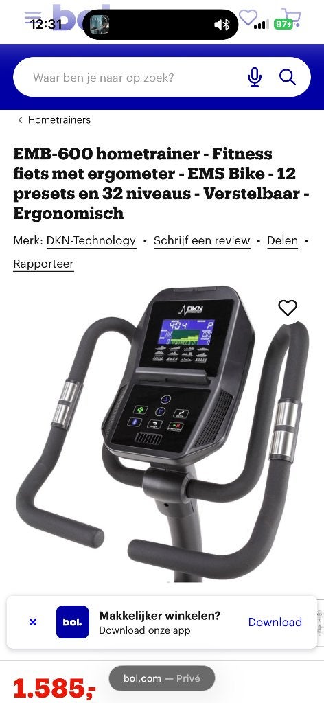 Hometrainer DKN EMB-600 Professioneel, Sport en Fitness, Ophalen, Zo goed als nieuw, Benen, Hometrainer