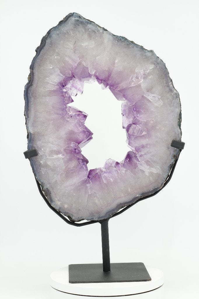 Disque géode améthyste sur support moderne en fer forgé 33cm, Enlèvement ou Envoi, Neuf, Violet, Moderne