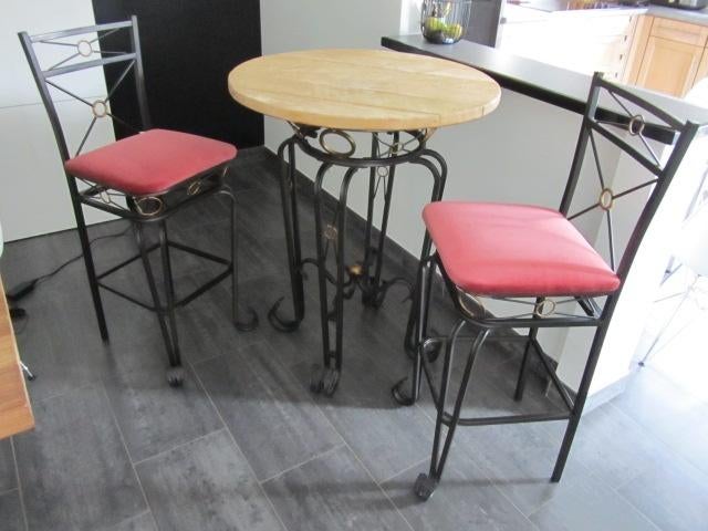 Bartafel met massief houten blad en 2 barstoelen - topstaat!, Antiek en Kunst, Ophalen