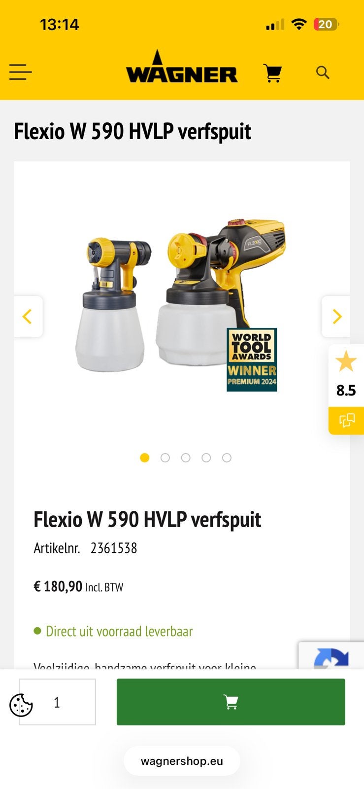 Pistolet à peinture Wagner Flexio W 590 HVLP – comme neuf, Bricolage & Construction, Enlèvement, Comme neuf